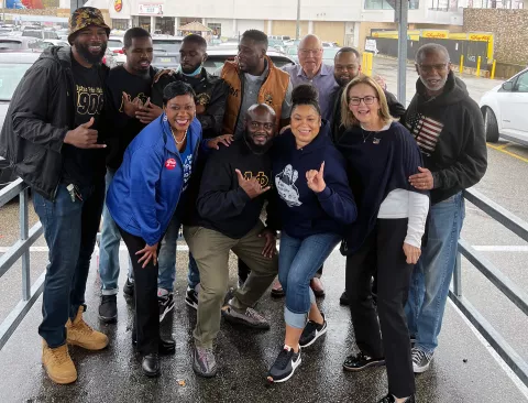 NEA President Becky Pringle poses outside with NEA members in Pennsylvania