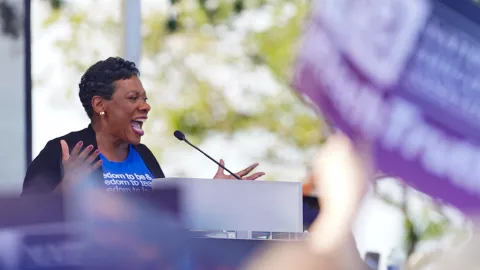 NEA President Becky Pringle addresses the crowd at the 2023 Freedom to Learn Rally