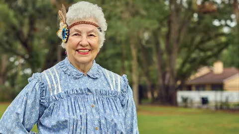 Ruby Strickland, retired paraeducator, in Florida wearing her "tear dress".