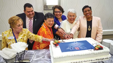 Left to right, NEA-Retired Secretary Marilyn Warner; NEA Secretary-Treasurer Noel Candelaria; NEA-Retired Vice President Jean Dobashi; NEA Vice President Princess Moss; NEA-Retired President Sarah Borgman; NEA President Becky Pringle